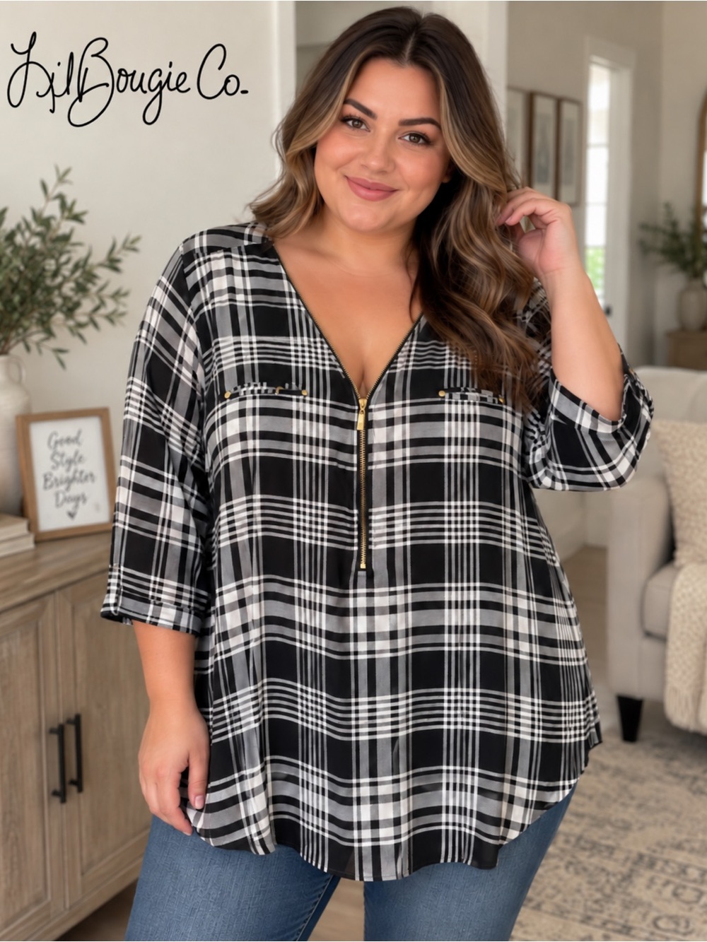 Miss Lili Plus Black & White Plaid Zip-Front Top - Size 2X